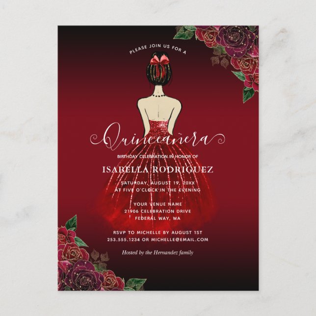 Cartão Postal Floral Red Princess Dourado Birthday Quinceañera (Frente)