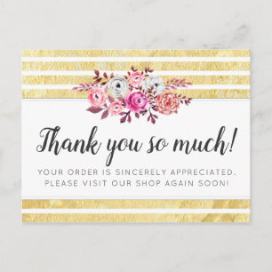Cartão Postal Floral rosa e Dourado Glam Moderno Stripe Obrigado