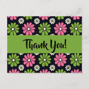 Cartão Postal Floral rosa e verde em preto Obrigado Cartão-post
