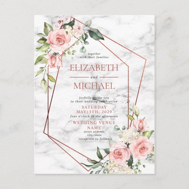 Cartão Postal Floral Rosa Mármore Geométrico Cobre (Frente)