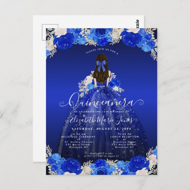 Cartão Postal Floral Royal Blue Princesa Vestido Gor Quinceanera (Frente/Verso)