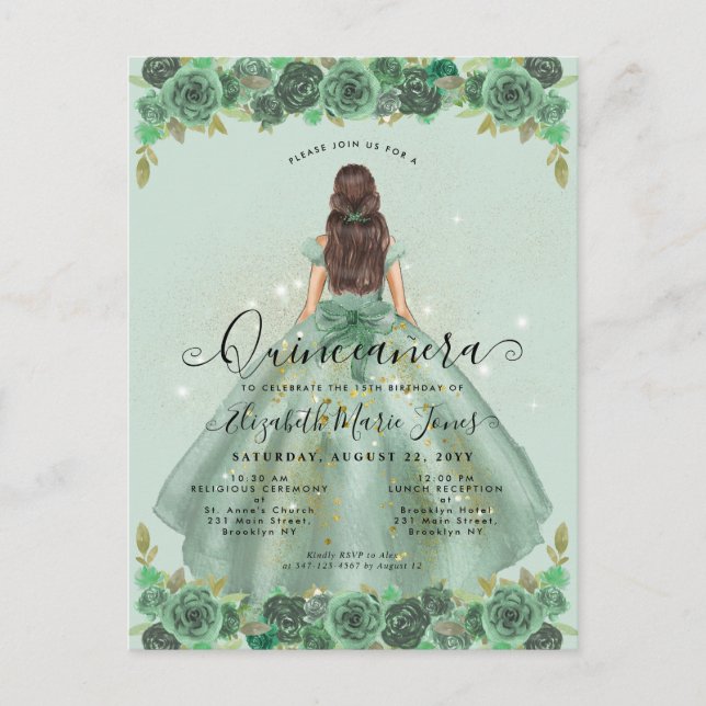 Cartão Postal Floral Sage Green Glam Princess Quinceanera (Frente)