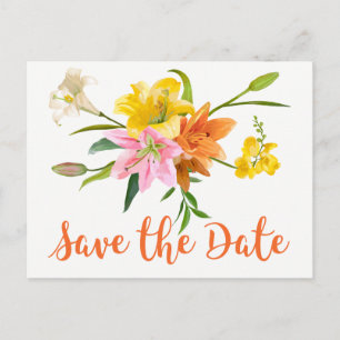 Cartão Postal Floral Salve a data Lily Flower Orange Noivado