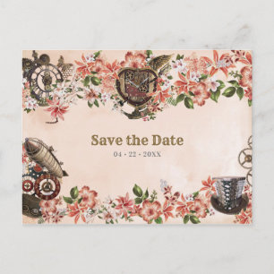 Cartão Postal Floral Steampunk Wedding Salvar Data