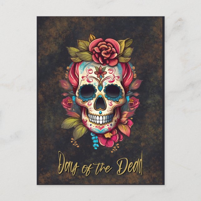 Cartão Postal Floral Sugar Skull Día de los Muertos english (Frente)