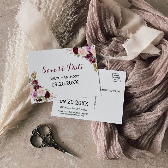 Cartão Postal Floral Verde Blush Burgundy Salve a placa de data (Criador carregado)