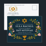 Cartão Postal Floral Wreath Bat Mitzvah Código QR personalizado<br><div class="desc">Cartão postal perfeito para anunciar um bar mitzvah, bat mitzvah ou outra celebração judaica! Mão fez arte para você! TOTALMENTE PERSONALIZÁVEL! Clique em "Personalizar" acima para editar o texto e adicionar seu link ao código QR no verso. Clique em "editar usando a ferramenta design" para ajustar as fontes, cores e...</div>