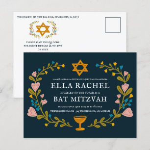 Cartão Postal Floral Wreath Bat Mitzvah Código QR personalizado 