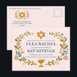 Cartão Postal Floral Wreath Bat Mitzvah Código QR personalizado<br><div class="desc">Cartão postal perfeito para anunciar um bar mitzvah, bat mitzvah ou outra celebração judaica! Mão fez arte para você! TOTALMENTE PERSONALIZÁVEL! Clique em "Personalizar" acima para editar o texto e adicionar seu link ao código QR no verso. Clique em "editar usando a ferramenta design" para ajustar as fontes, cores e...</div>