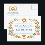 Cartão Postal Floral Wreath Bat Mitzvah Código QR personalizado<br><div class="desc">Cartão postal perfeito para anunciar um bar mitzvah, bat mitzvah ou outra celebração judaica! Mão fez arte para você! TOTALMENTE PERSONALIZÁVEL! Clique em "Personalizar" acima para editar o texto e adicionar seu link ao código QR no verso. Clique em "editar usando a ferramenta design" para ajustar as fontes, cores e...</div>