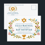Cartão Postal Floral Wreath Bat Mitzvah Código QR personalizado<br><div class="desc">Cartão postal perfeito para anunciar um bar mitzvah, bat mitzvah ou outra celebração judaica! Mão fez arte para você! TOTALMENTE PERSONALIZÁVEL! Clique em "Personalizar" acima para editar o texto e adicionar seu link ao código QR no verso. Clique em "editar usando a ferramenta design" para ajustar as fontes, cores e...</div>