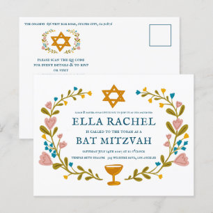 Cartão Postal Floral Wreath Bat Mitzvah Código QR personalizado