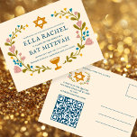 Cartão Postal Floral Wreath Bat Mitzvah Código QR personalizado<br><div class="desc">Cartão postal perfeito para anunciar um bar mitzvah, bat mitzvah ou outra celebração judaica! Mão fez arte para você! TOTALMENTE PERSONALIZÁVEL! Clique em "Personalizar" acima para editar o texto e adicionar seu link ao código QR no verso. Clique em "editar usando a ferramenta design" para ajustar as fontes, cores e...</div>