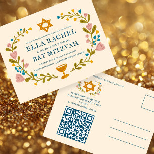 Cartão Postal Floral Wreath Bat Mitzvah Código QR personalizado 