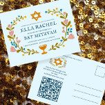 Cartão Postal Floral Wreath Bat Mitzvah Código QR personalizado<br><div class="desc">Cartão postal perfeito para anunciar um bar mitzvah, bat mitzvah ou outra celebração judaica! Mão fez arte para você! TOTALMENTE PERSONALIZÁVEL! Clique em "Personalizar" acima para editar o texto e adicionar seu link ao código QR no verso. Clique em "editar usando a ferramenta design" para ajustar as fontes, cores e...</div>