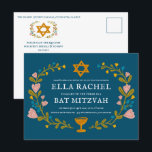 Cartão Postal Floral Wreath Bat Mitzvah Código QR personalizado<br><div class="desc">Cartão postal perfeito para anunciar um bar mitzvah, bat mitzvah ou outra celebração judaica! Mão fez arte para você! TOTALMENTE PERSONALIZÁVEL! Clique em "Personalizar" acima para editar o texto e adicionar seu link ao código QR no verso. Clique em "editar usando a ferramenta design" para ajustar as fontes, cores e...</div>