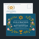 Cartão Postal Floral Wreath Bat Mitzvah Código QR personalizado<br><div class="desc">Cartão postal perfeito para anunciar um bar mitzvah, bat mitzvah ou outra celebração judaica! Mão fez arte para você! TOTALMENTE PERSONALIZÁVEL! Clique em "Personalizar" acima para editar o texto e adicionar seu link ao código QR no verso. Clique em "editar usando a ferramenta design" para ajustar as fontes, cores e...</div>
