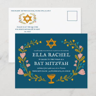 Cartão Postal Floral Wreath Bat Mitzvah Código QR personalizado 