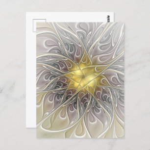 Cartão Postal Floreio Com Dourada Flor Fractal Abstrato Moderna