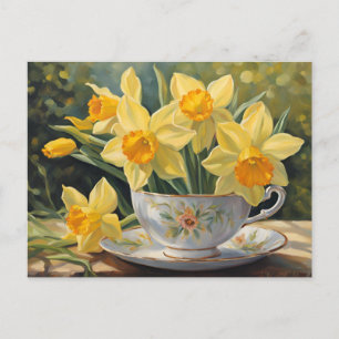 Cartão Postal Flores Amarelas de Daffodil na Vintage Tea Cup