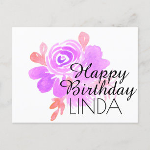 Cartão Postal Flores Aquarela Pintadas à Mão Feliz Aniversário P