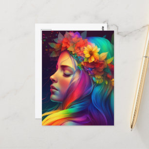 Cartão Postal Flores Arco-Íris e Menina Colorida