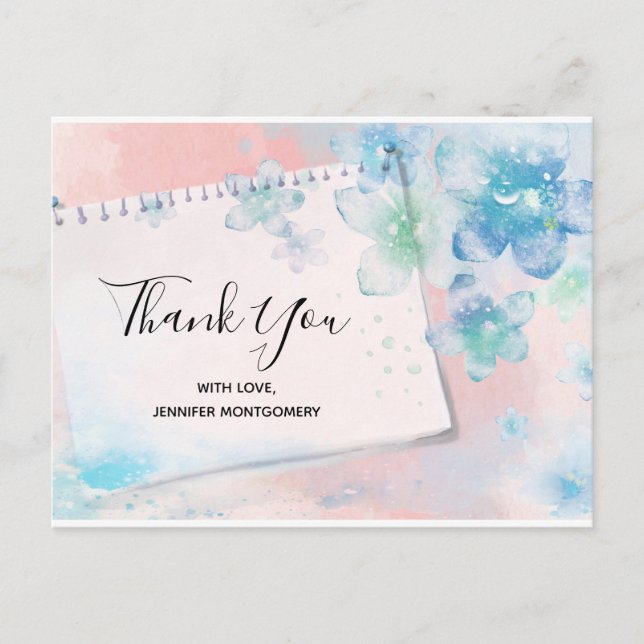 Cartão Postal Flores Azuis bonito em Fundo Rosa Obrigado (Frente)