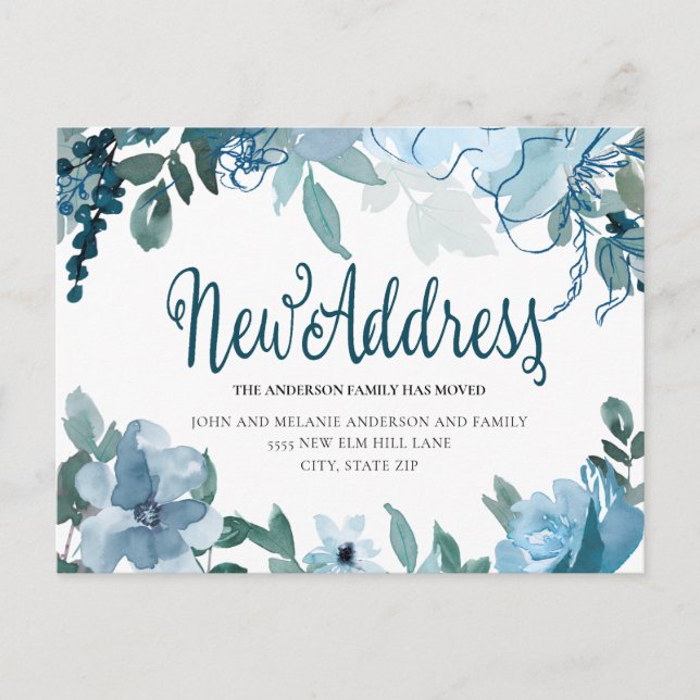 Cartão Postal Flores Azuis Navy Dusty Cute Mudar Endereço (Frente)