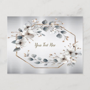 Cartão Postal Flores brancas de aquarela Ouro Frame Silver Teal
