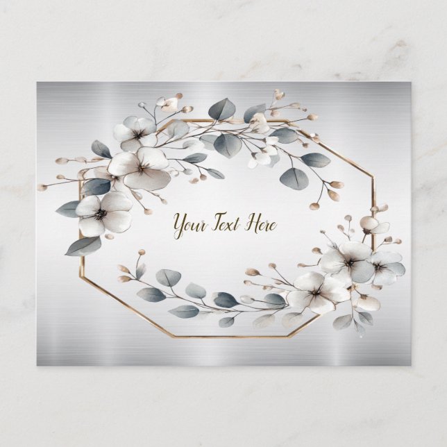Cartão Postal Flores brancas de aquarela Ouro Frame Silver Teal (Frente)