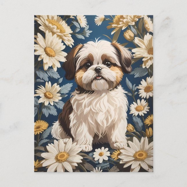 Cartão Postal Flores Brancas de Margarida Cachorros Shih Tzu (Frente)