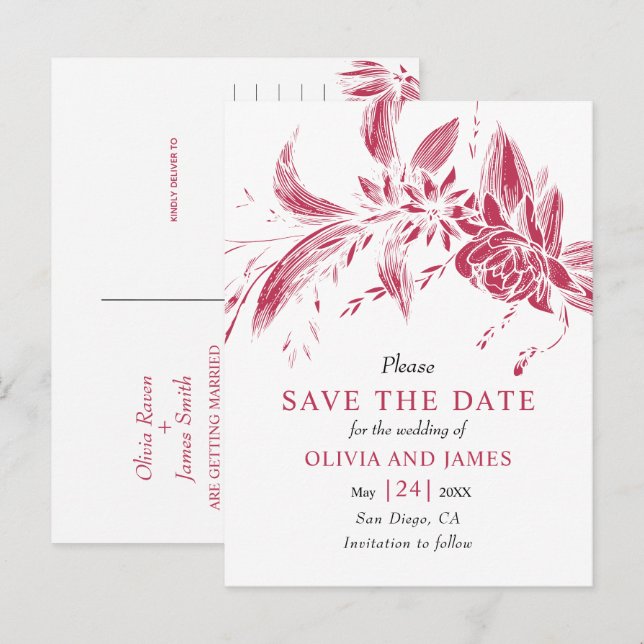 Cartão Postal Flores brancas e azuis salvam a data (Frente/Verso)