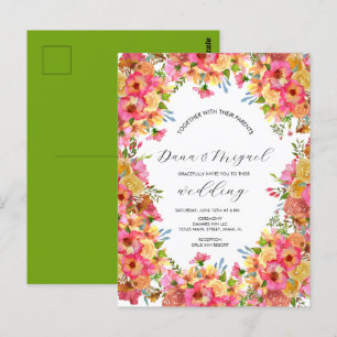 Cartão Postal Flores Brilhantes Rosa Colorido Casamento Aquarela