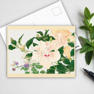 Cartão Postal Flores Browallia & Hibiscus - bloco de madeira jap