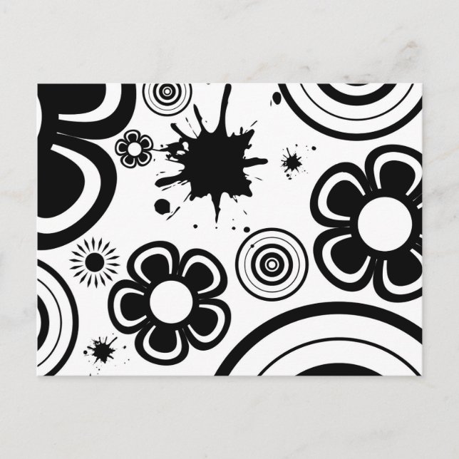 Cartão Postal Flores caprichosas em preto e branco, círculos, re (Frente)