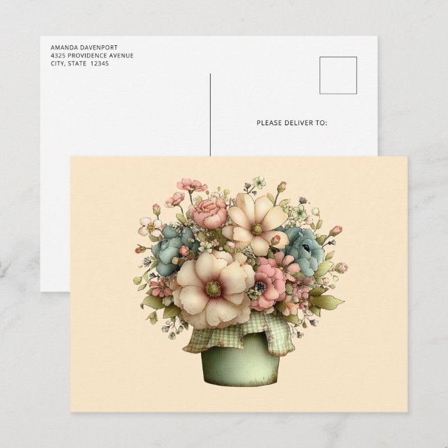 Cartão Postal Flores Caprichosas em um Vaso de Planta Cute (Frente/Verso)