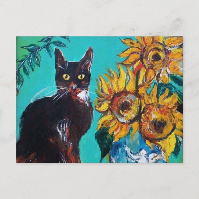 CARTÃO POSTAL FLORES COM GATO PRETO EM TURQUOISMO AZUL (Frente)