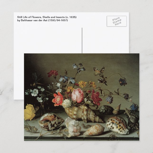 Cartão Postal Flores, Conchas e Insetos Balthasar van der Ast (Frente/Verso)