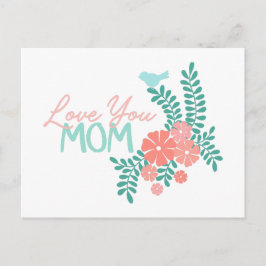 Cartão Postal Flores cor-de-rosa e pássaros azuis amam você text