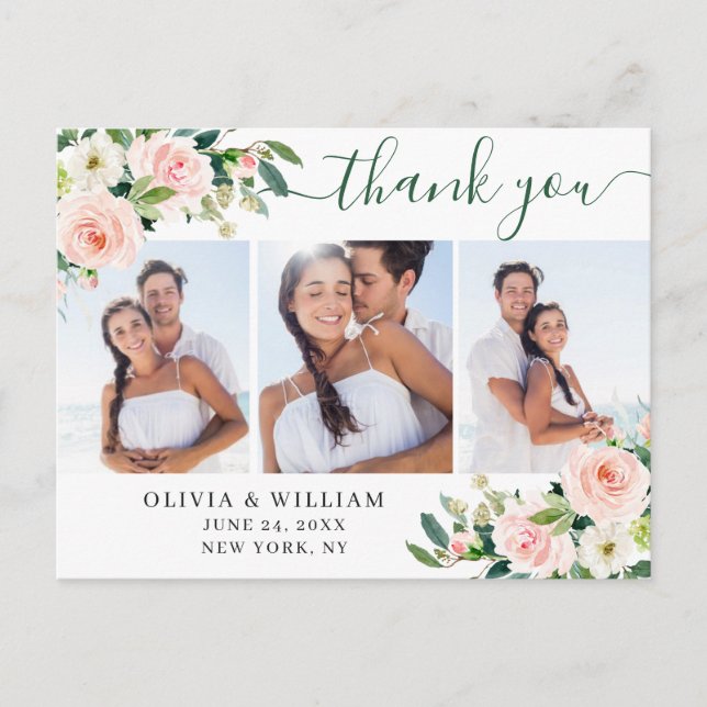 Cartão Postal Flores cor-de-rosa Verde 3 Foto Obrigado (Frente)