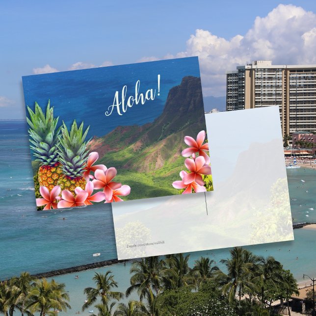 Cartão Postal Flores de Aloha havaianas abacaxis e montanhas  (Criador carregado)