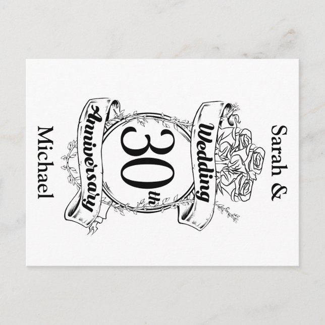 Cartão Postal Flores de Aniversário de Casamento de 30 Anos Rosa (Frente)