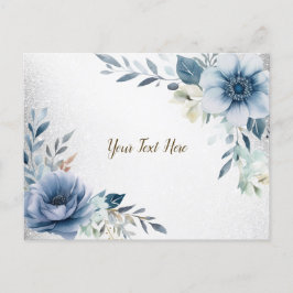 Cartão Postal Flores de Aquarela Azul Empoeirado Elegante Prata