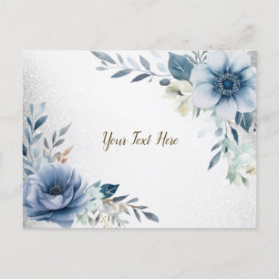 Cartão Postal Flores de Aquarela Azul Empoeirado Elegante Prata