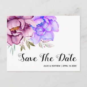 Cartão Postal Flores de aquarela púrpura floral Salvar Data
