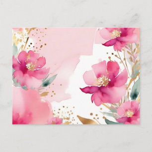 Cartão Postal Flores de Aquarela Rosa Macio Com Dourado