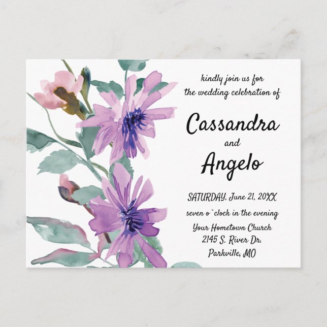 Cartão Postal Flores de Aquarela Roxa Casamento (Frente)