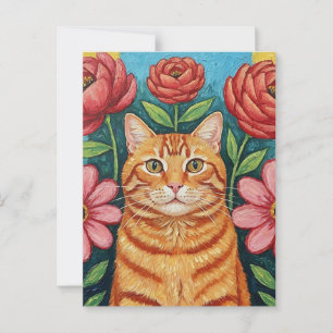 Cartão Postal Flores de Arte Folclórica de Gatos Laranja