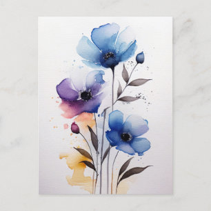 Cartão Postal Flores de Cor da Água Púrpura e Azul