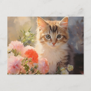 Cartão Postal Flores de Cravo e Gatinho de Aniversário de Janeir